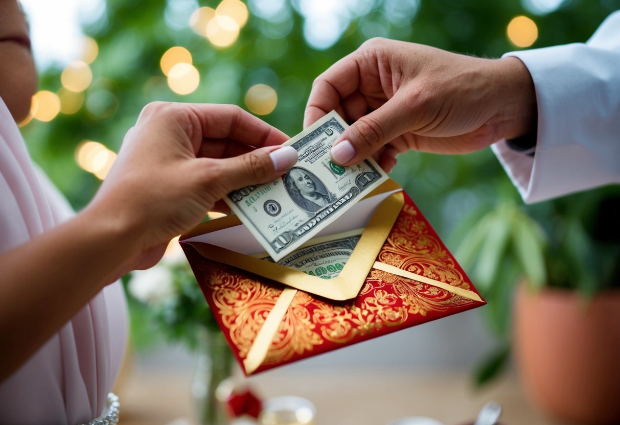 A traditional wedding gift of cash being placed in a decorative envelope