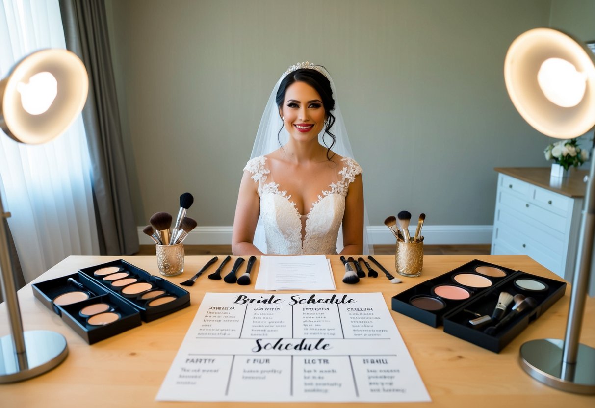 A bride sits in a well-lit room, surrounded by makeup and hairstyling tools. A schedule is laid out before her, with options for getting ready first or last