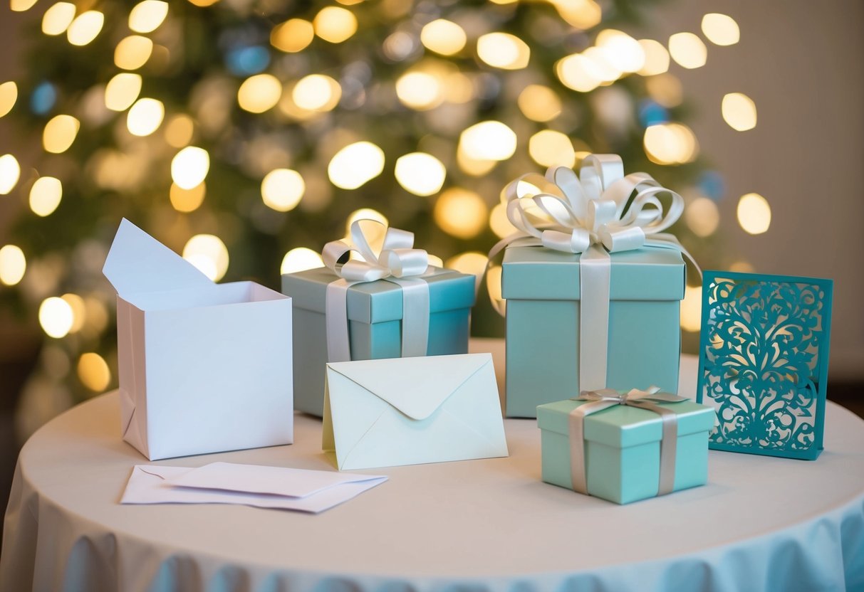 A wedding gift table with a variety of presents, including envelopes, a gift box, and a decorative card holder