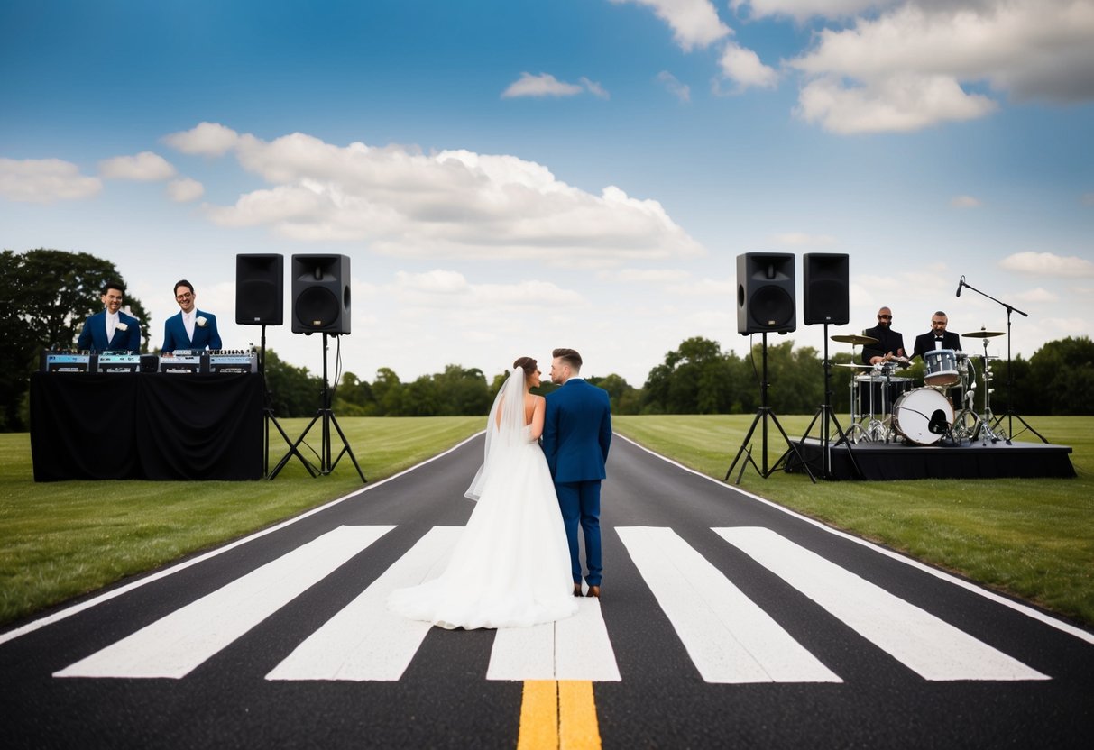A bride and groom stand at a crossroads, one path leading to a DJ with turntables and speakers, the other to a stage with a live band and instruments