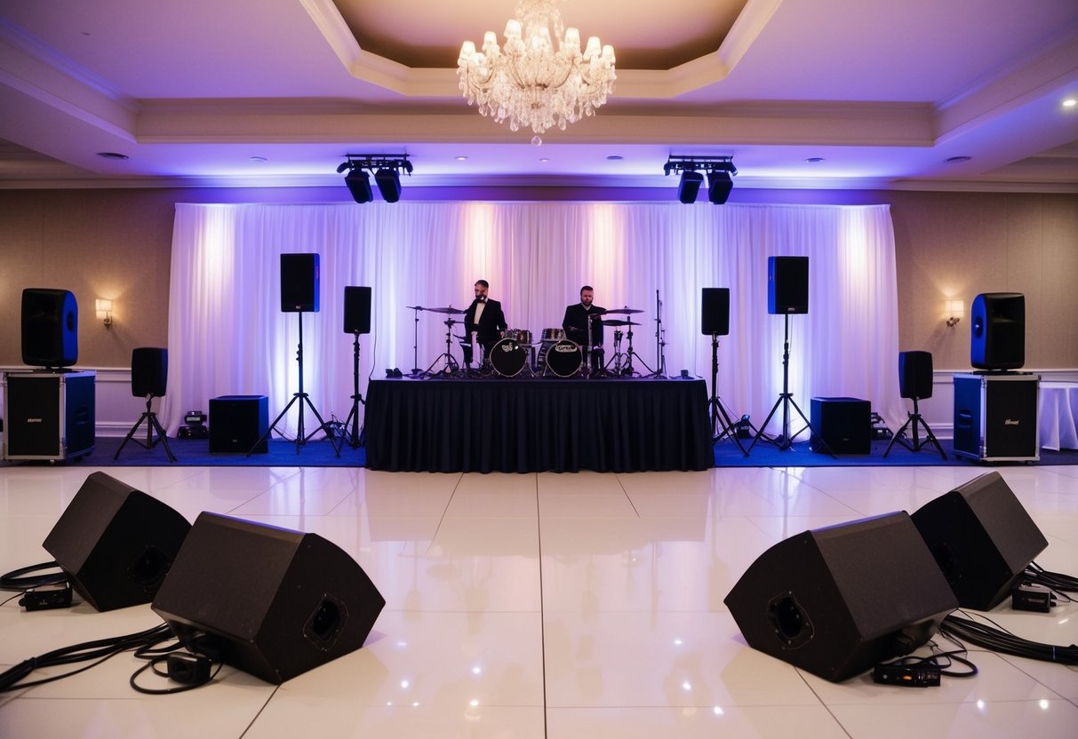 A wedding venue with a stage set up for either a DJ or a band, with lighting and sound equipment arranged around the area