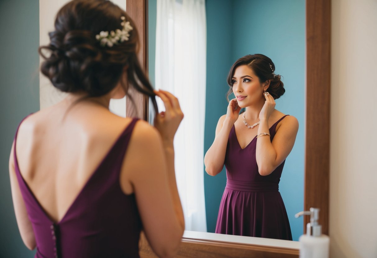 A woman standing in front of a mirror, contemplating whether to wash her hair before getting it done for a wedding