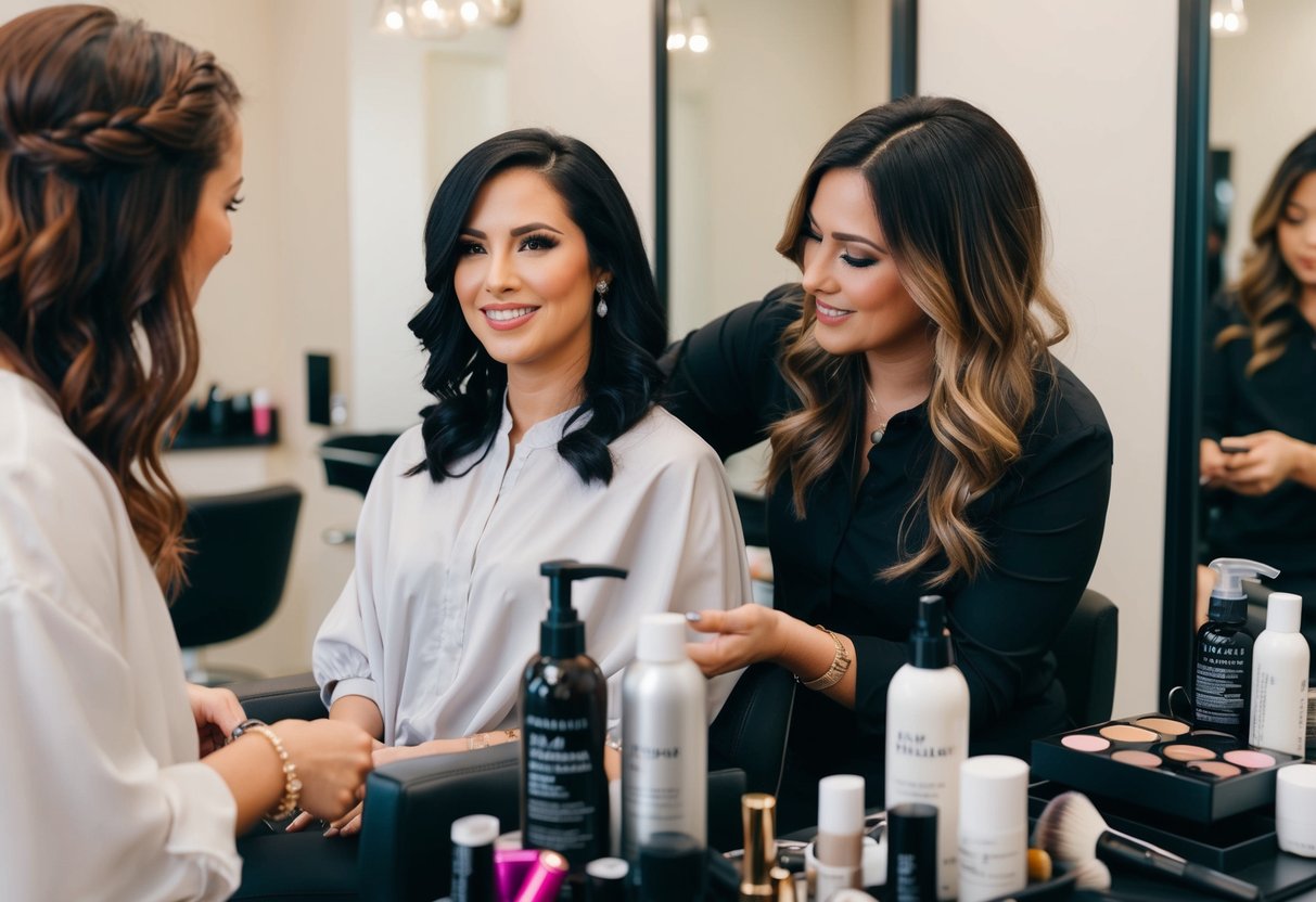 A woman sitting in a salon chair, surrounded by hair products and makeup tools, consulting with her stylist and makeup artist before her wedding