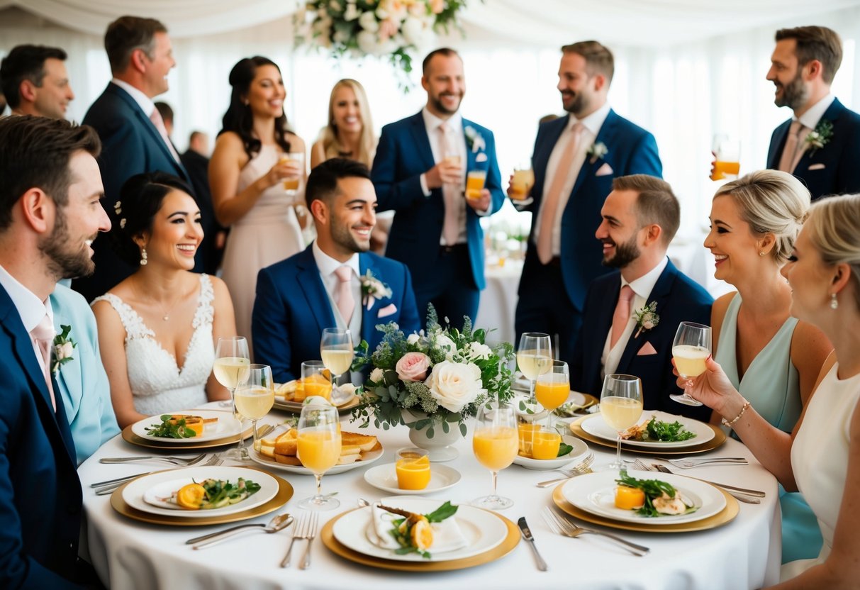 A table set with elegant brunch dishes and drinks, surrounded by cheerful guests mingling and enjoying the post-wedding celebration