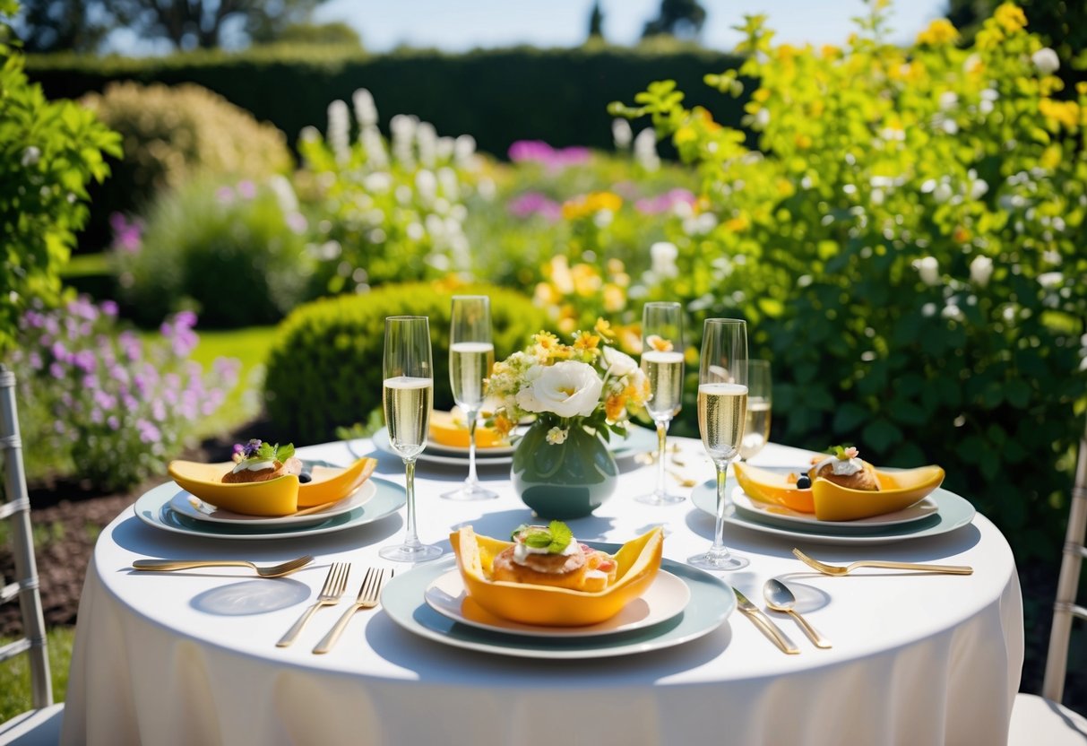 A table set with elegant brunch dishes and champagne flutes, surrounded by lush greenery and blooming flowers in a sunny garden