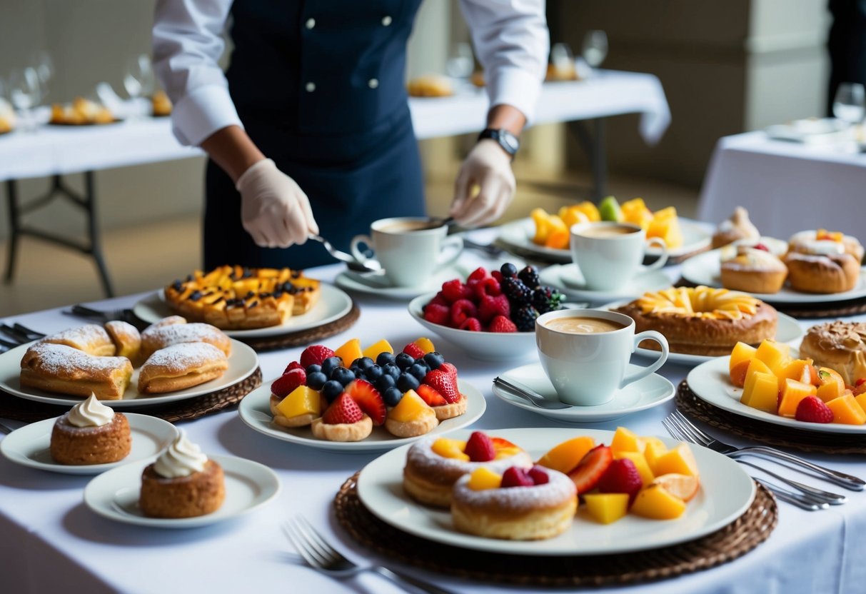 A table set with a variety of brunch items, including pastries, fruit, and coffee. A catering staff member arranges the display
