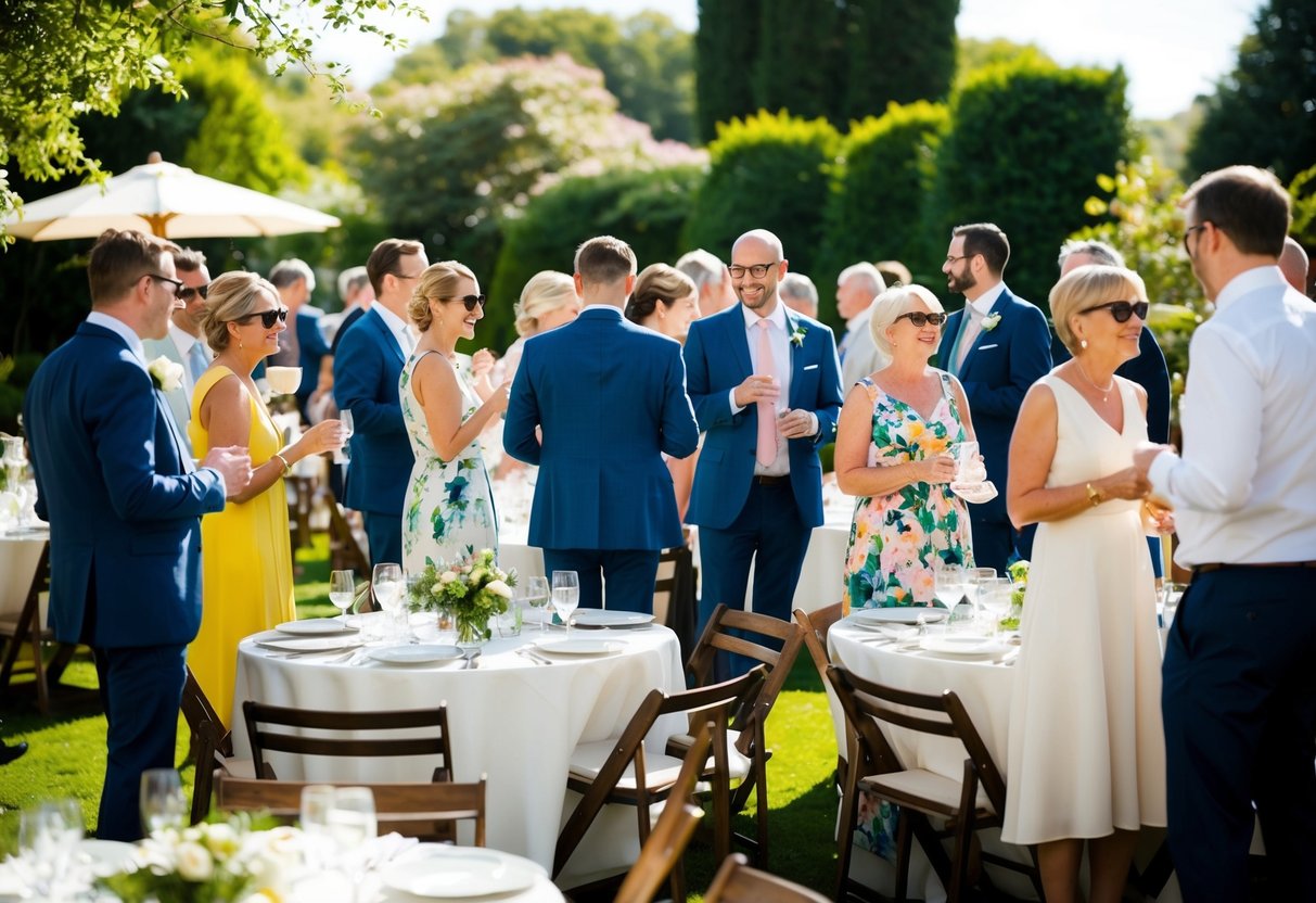 Guests gather in a sunny garden, mingling and saying their goodbyes after a post-wedding brunch. Tables are scattered with empty plates and glasses, while others engage in friendly conversation