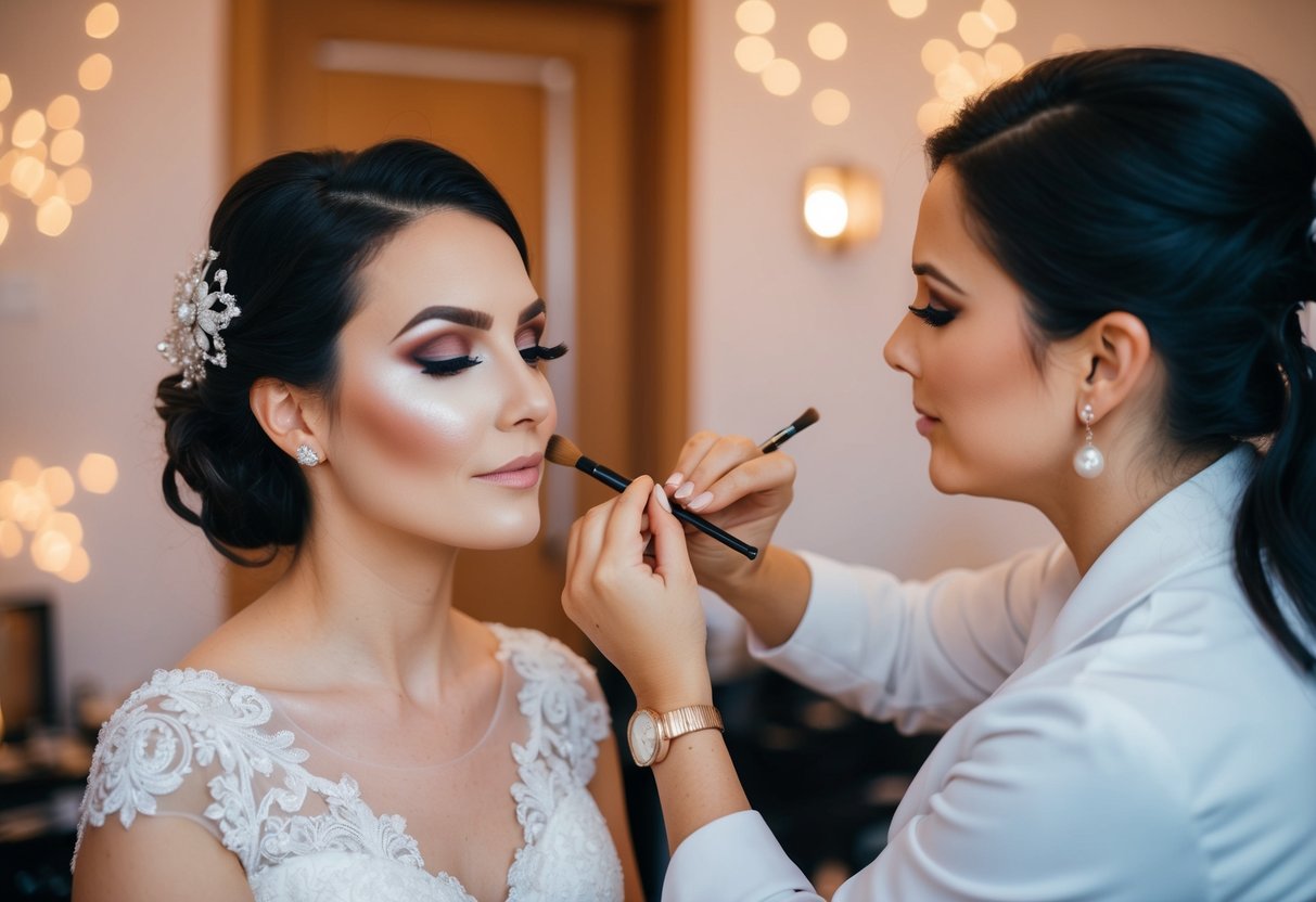 A makeup artist applies final touches to a bridal makeup look
