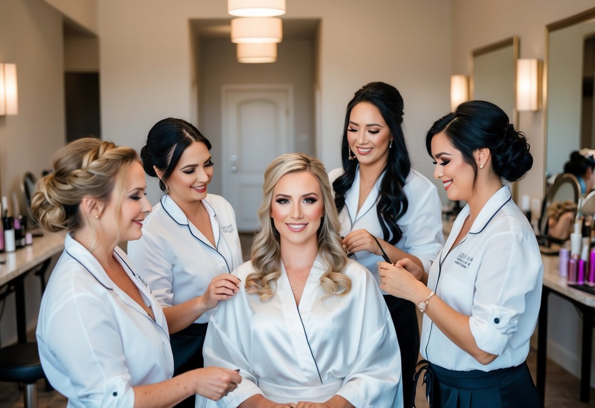 A group of makeup and hair artists coordinating their schedules and services for a wedding day, with the bride's appointment scheduled last