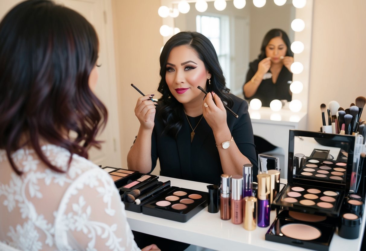 A makeup artist surrounded by cosmetics, prioritizing the bride's makeup last