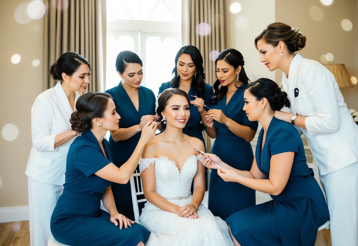 A group of beauty professionals surround a seated bride, applying makeup and discussing the order of services