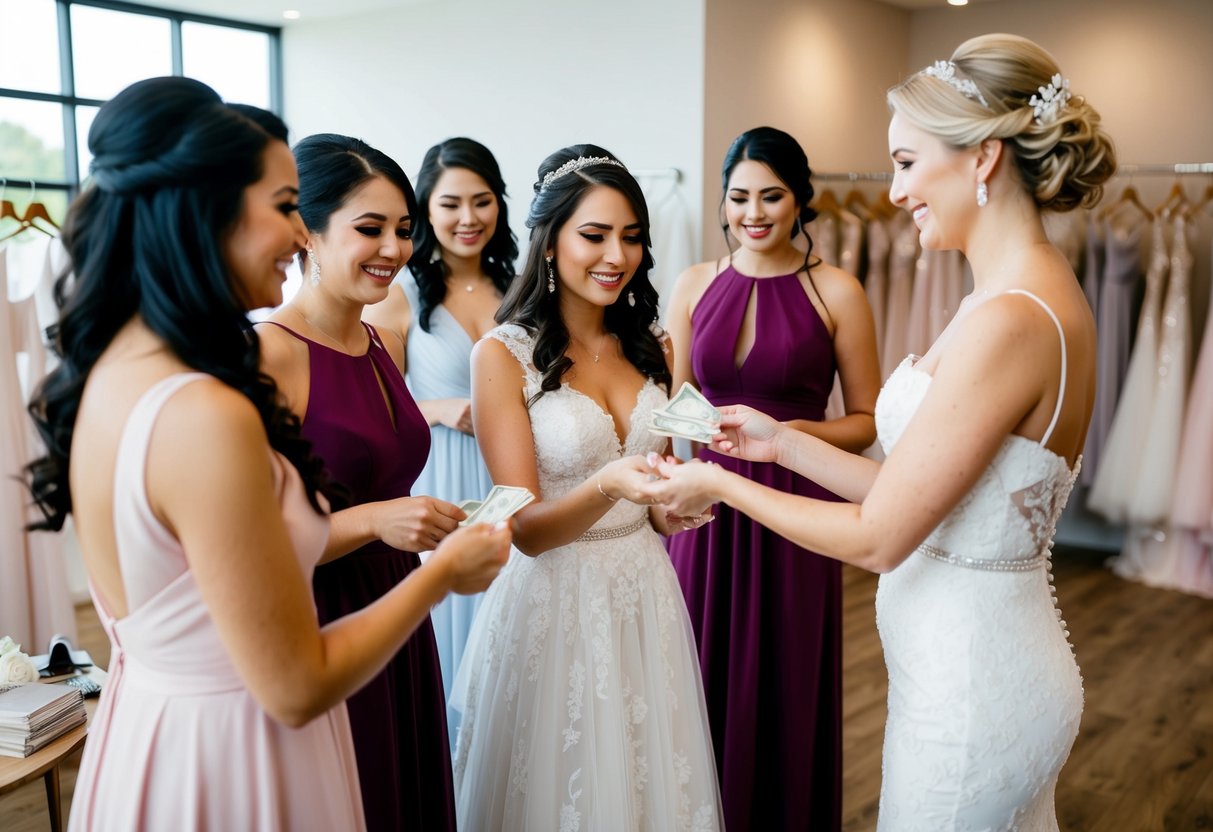A bride handing over money to a group of bridesmaids while they try on dresses in a boutique
