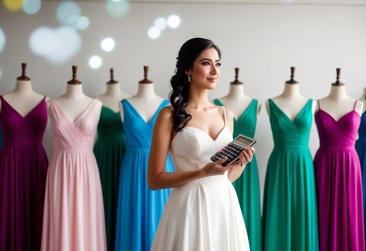 A bride standing in front of a row of mannequins dressed in various bridesmaid dresses, holding a calculator and looking contemplative