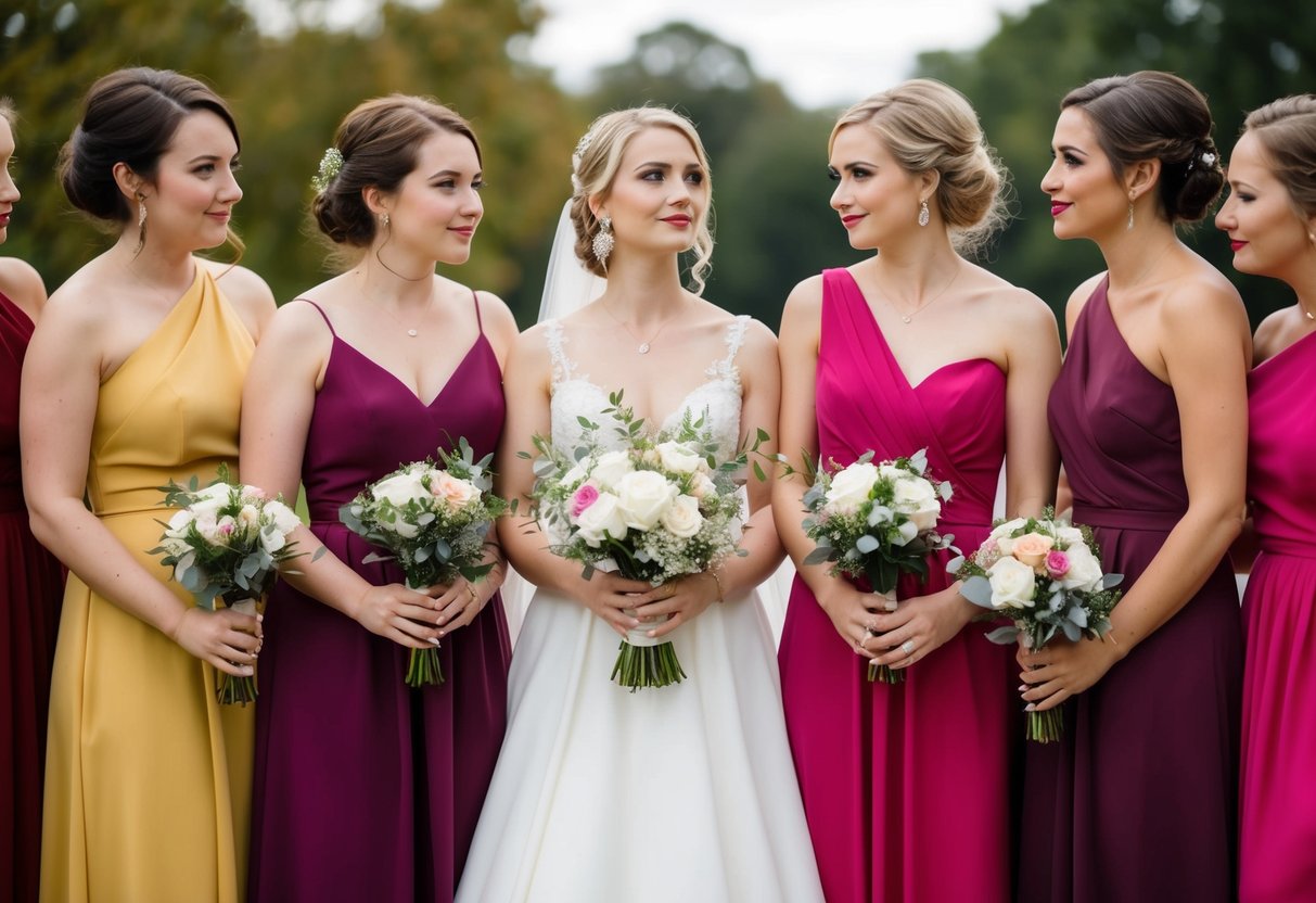 A bride holding a handful of different colored bridesmaid dresses, looking contemplative