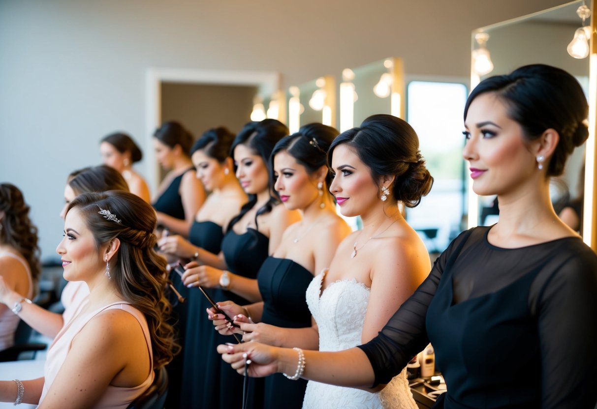A group of hairstylists and makeup artists working on a line of women, with the bride waiting to go last