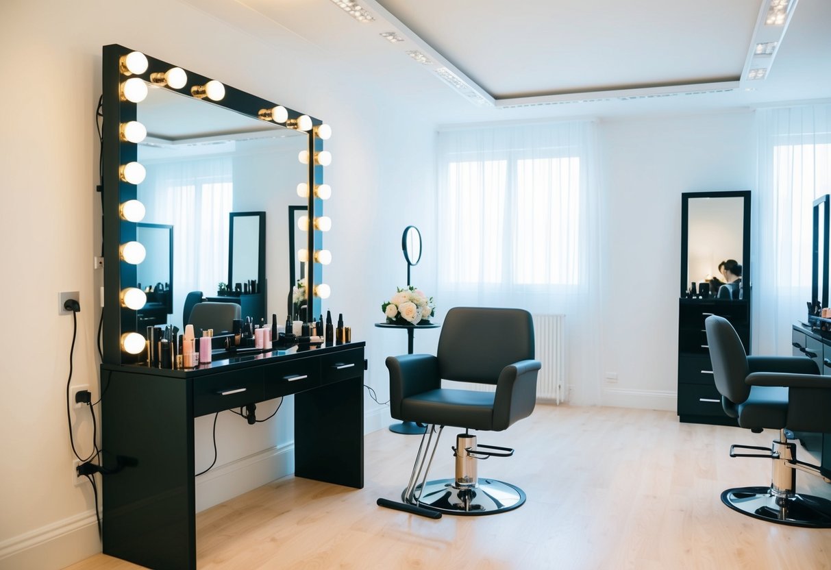 A bright and spacious room with a large mirror surrounded by makeup and hair styling tools. A comfortable chair sits in front of the mirror, ready for the bride to take her place