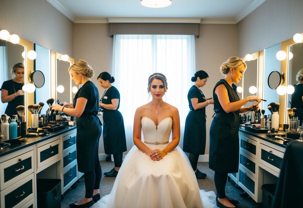 A bride sits patiently in a well-lit room, surrounded by makeup and hair styling tools. A team of artists works diligently to create the perfect look for her special day