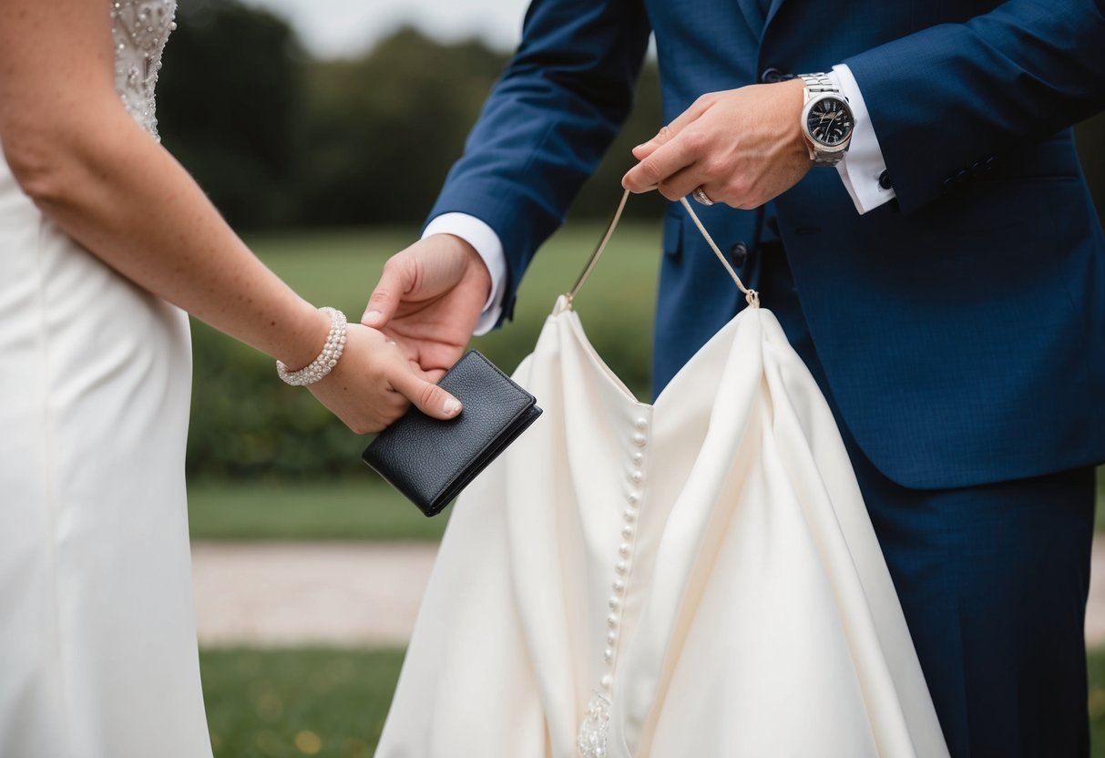 A groom holding a wedding dress in one hand, while reaching for his wallet with the other