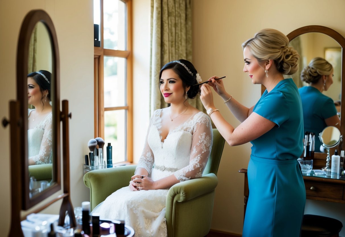 A bride sits in a cozy chair, surrounded by mirrors and makeup products. A makeup artist carefully applies wedding day makeup, creating a flawless and elegant look