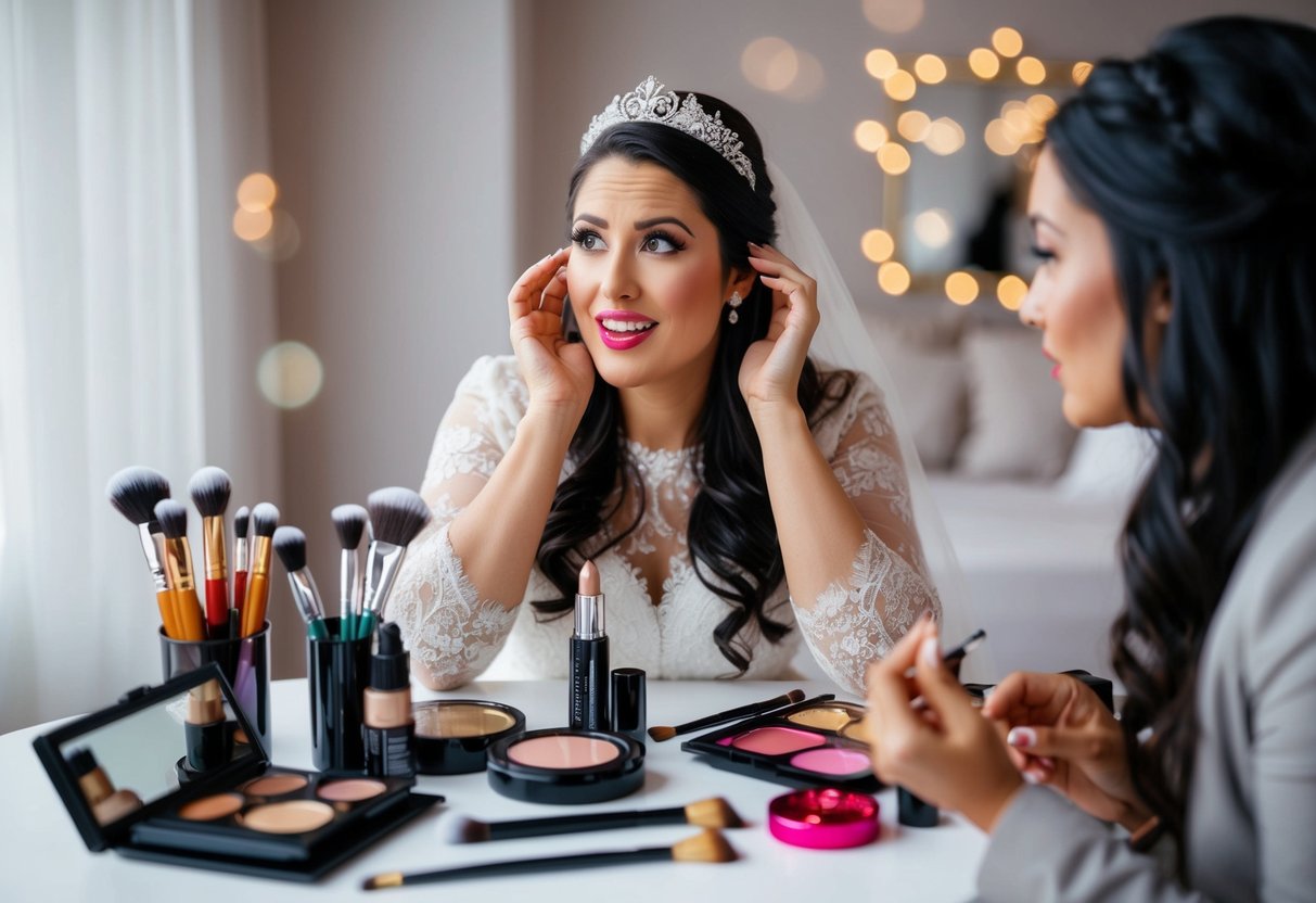 A bride surrounded by various makeup products and brushes, contemplating her options with a mix of excitement and uncertainty