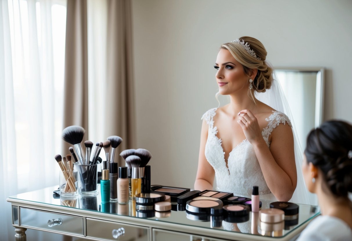 A bride sits at a vanity table surrounded by various makeup products and brushes, contemplating her wedding day look