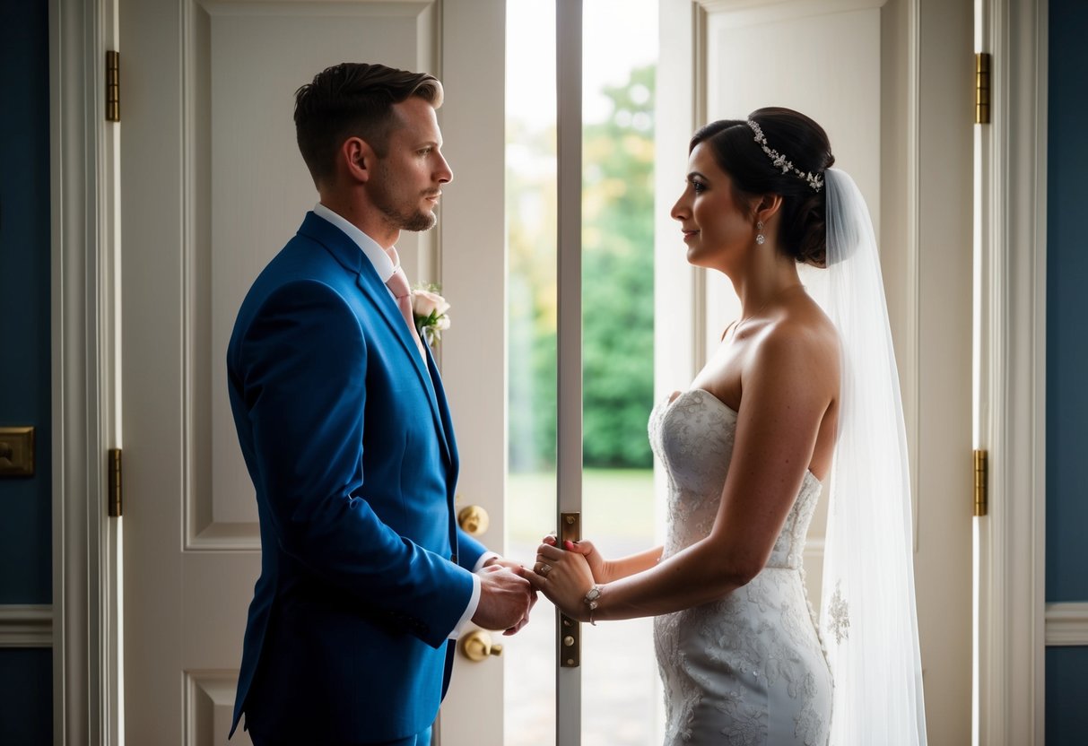 A bride and groom stand on opposite sides of a door, contemplating whether to see each other before the wedding