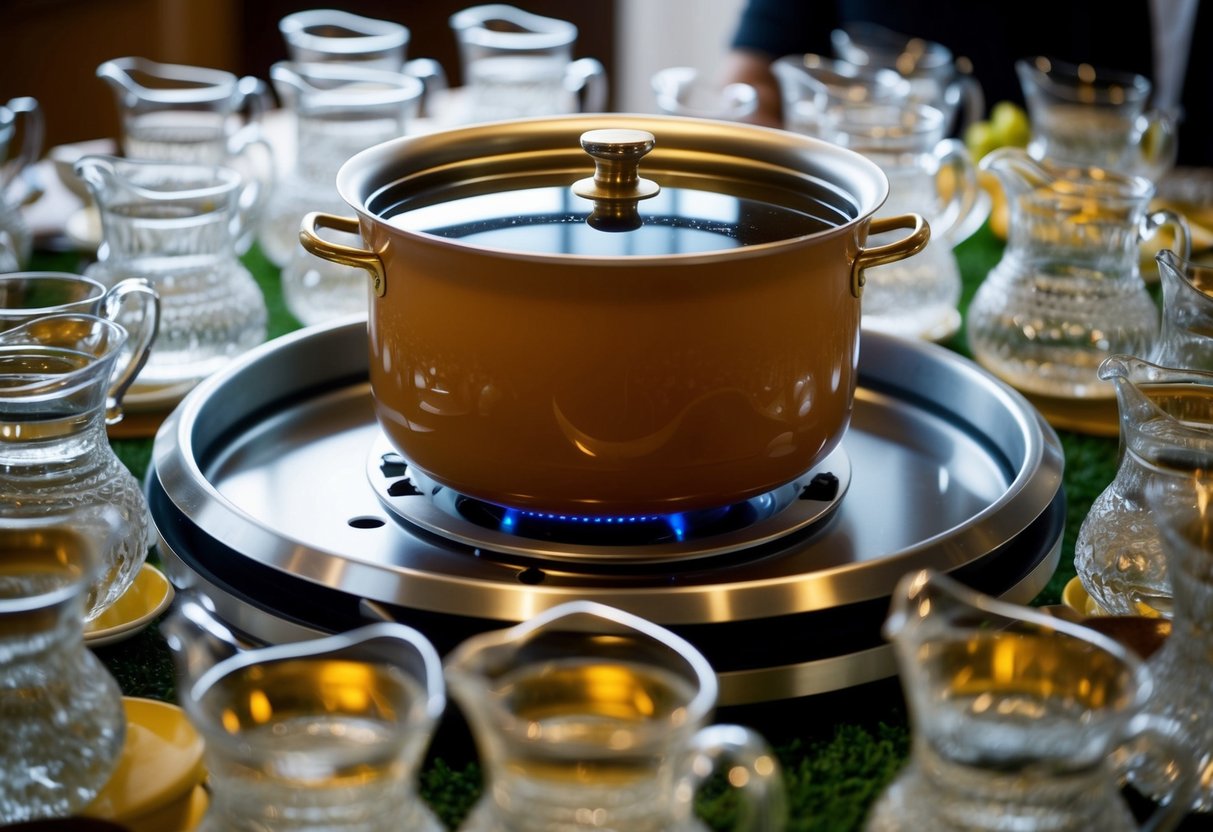 A large pot brewing tea, surrounded by multiple pitchers of water, set up for serving 100 guests