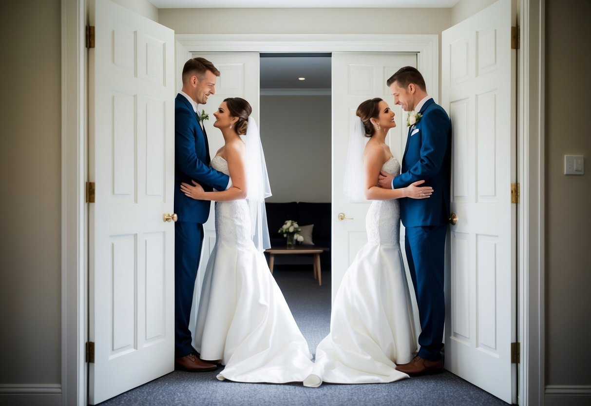 A bride and groom standing on opposite sides of a closed door, hesitating to see each other before the wedding