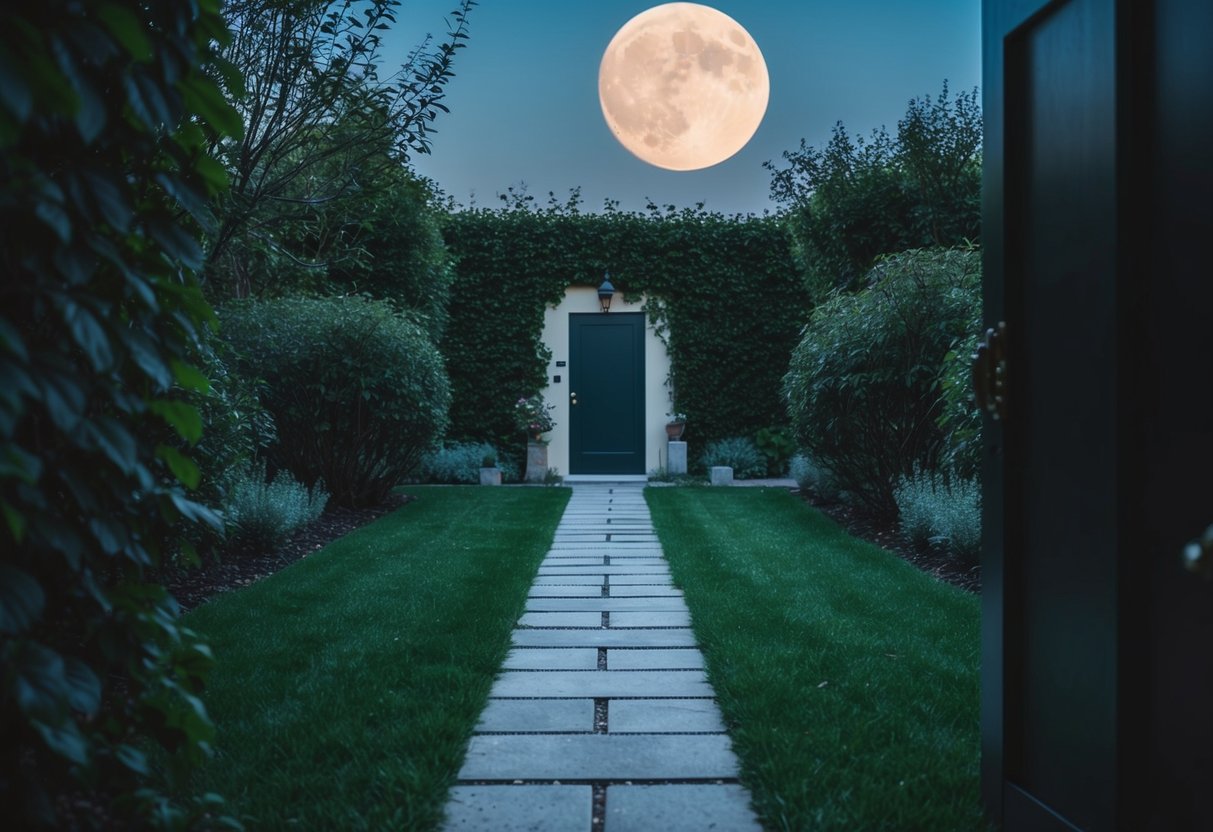 A moonlit garden with a pathway leading to a closed door