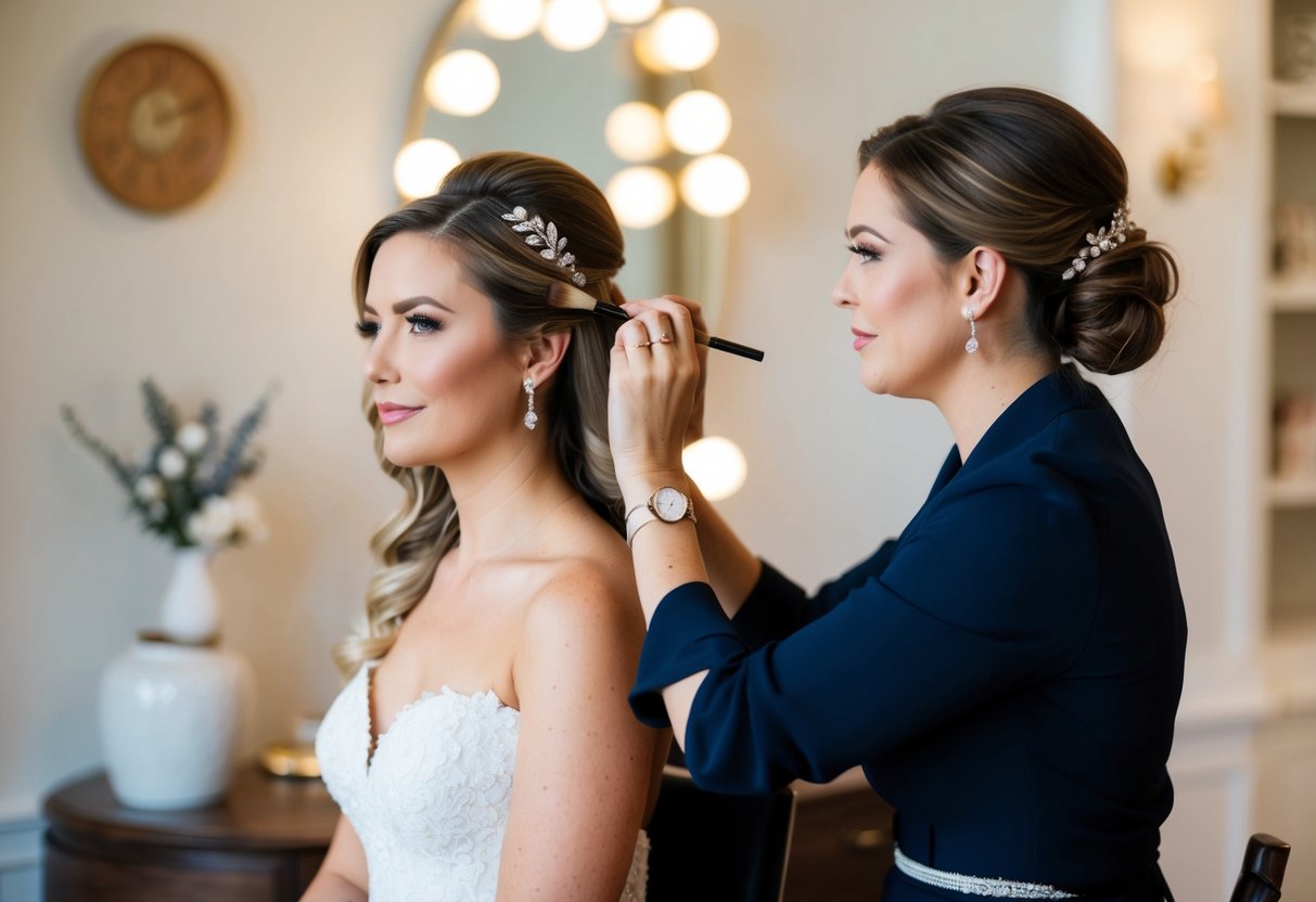 A makeup artist styling hair and applying makeup to a woman in a wedding dress