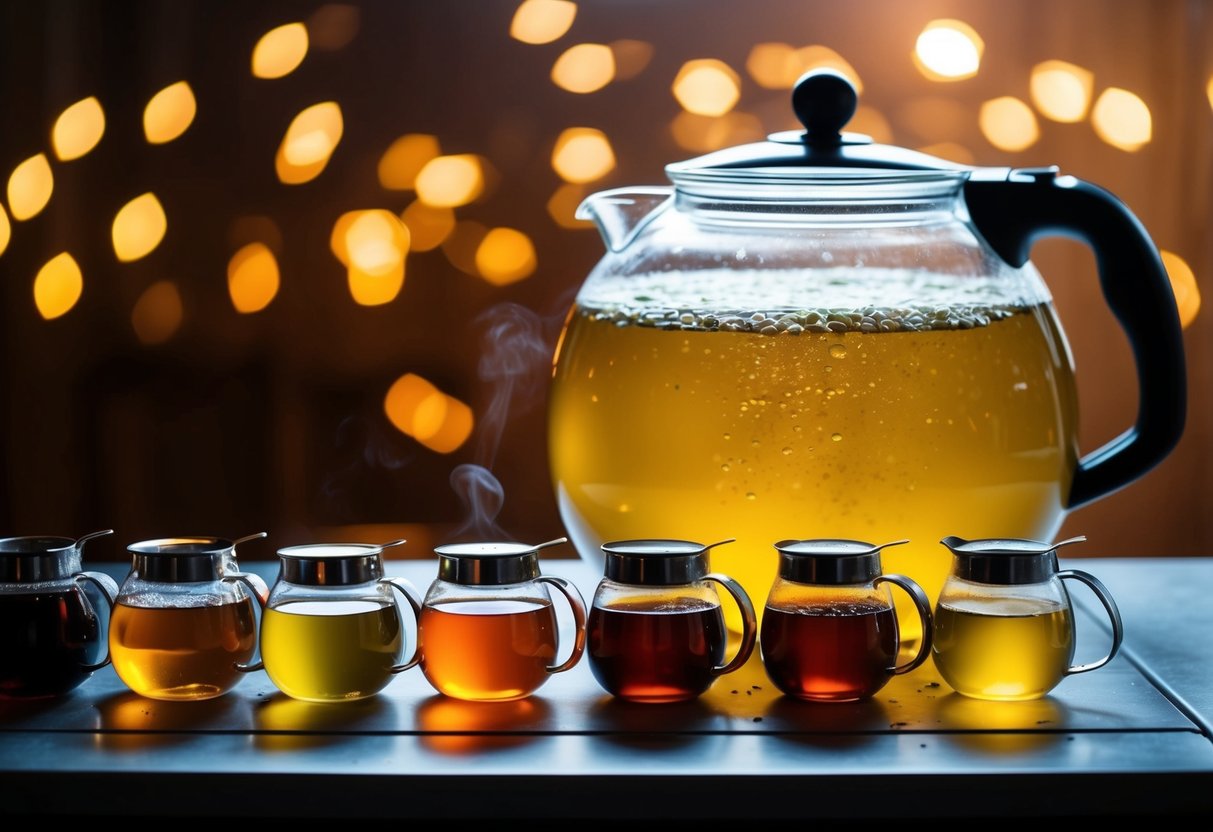 A large pot of boiling water with various tea varieties lined up next to it