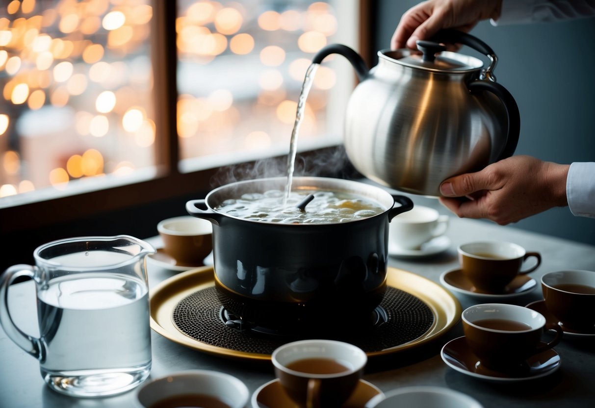 A large pot brewing tea, surrounded by cups and a pitcher of water, enough for 100 guests