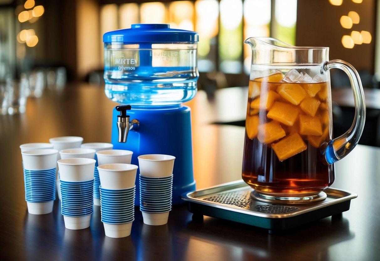 A large pitcher of iced tea and a water dispenser with multiple cups for 100 guests