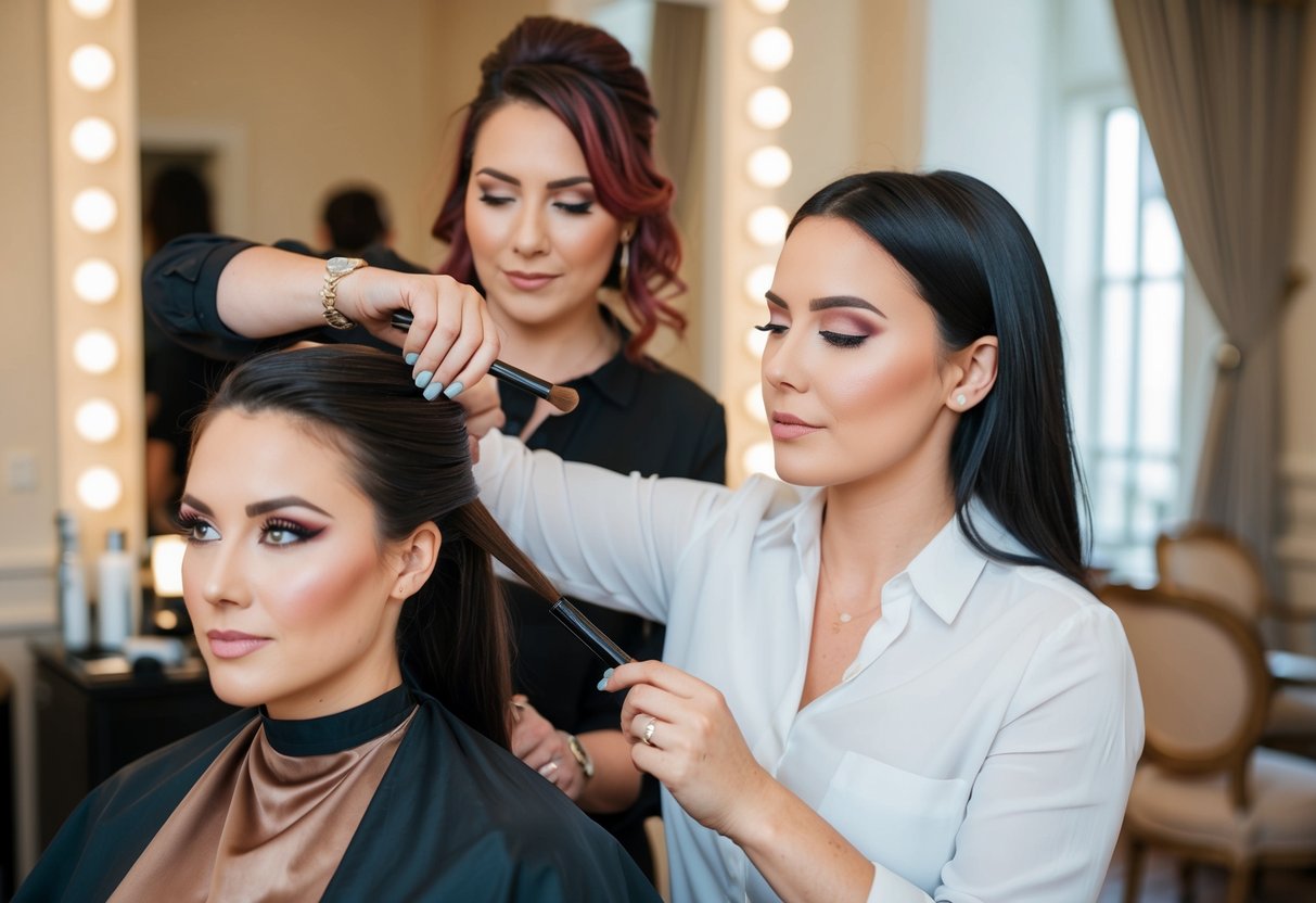 A makeup artist applies makeup to a woman's face while a hairstylist works on her hair in a well-lit, elegant room