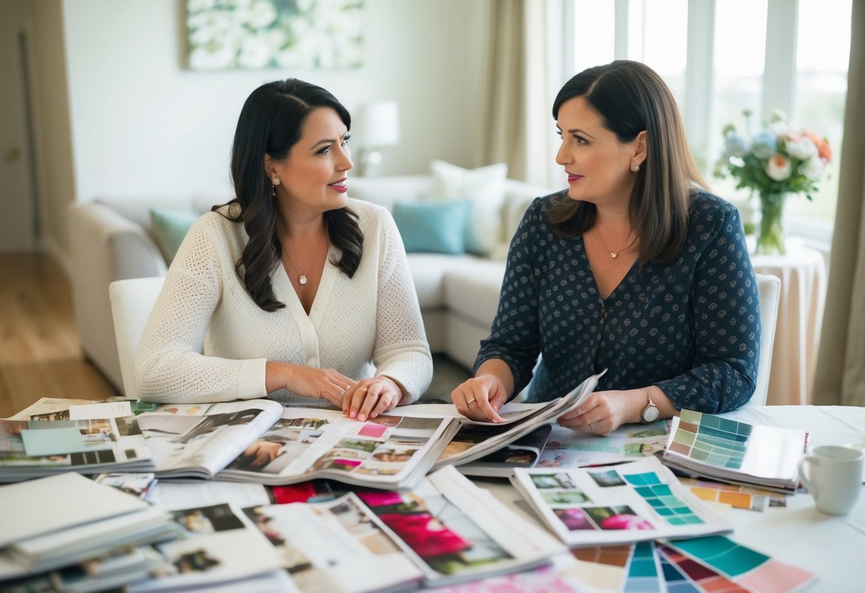 A mother and daughter sit at a table covered in wedding magazines and fabric swatches, discussing plans and ideas for the upcoming wedding