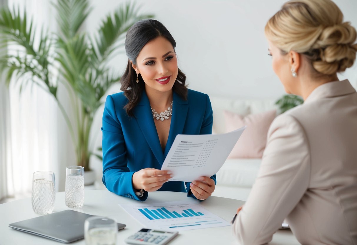 A woman reviewing wedding expenses and discussing budgeting with a wedding planner