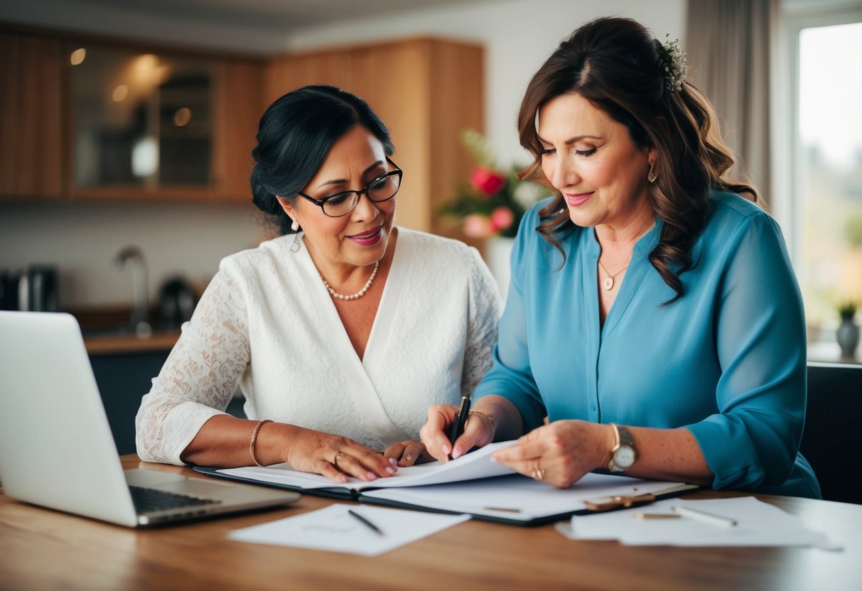 A mother gently guiding her daughter through wedding planning, offering emotional support and personal touches