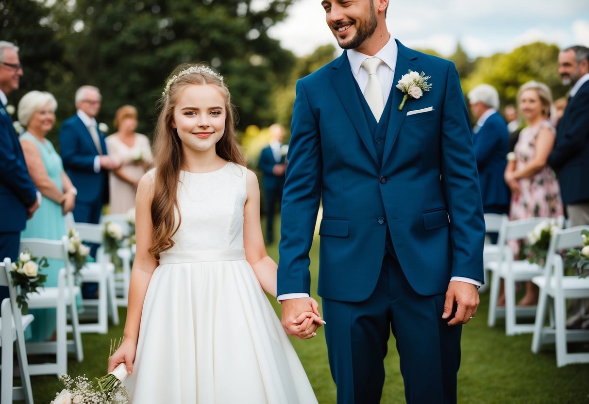 A young girl in a white dress stands beside a groom, surrounded by flowers and guests