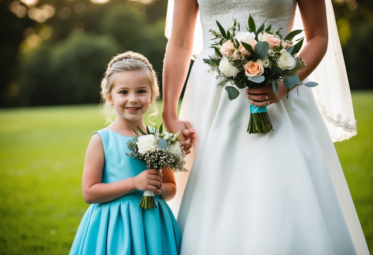 A young girl in a matching dress stands beside the bride, holding a bouquet and smiling