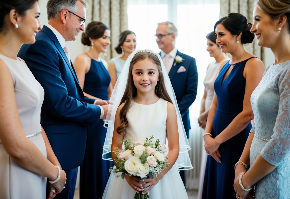 A young girl in a white dress, surrounded by adults preparing for a wedding. She holds a bouquet of flowers and wears a veil