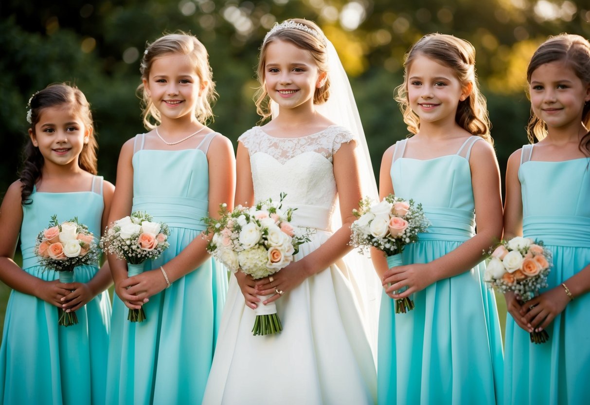 A group of young girls in matching dresses stand beside the bride, holding bouquets and smiling