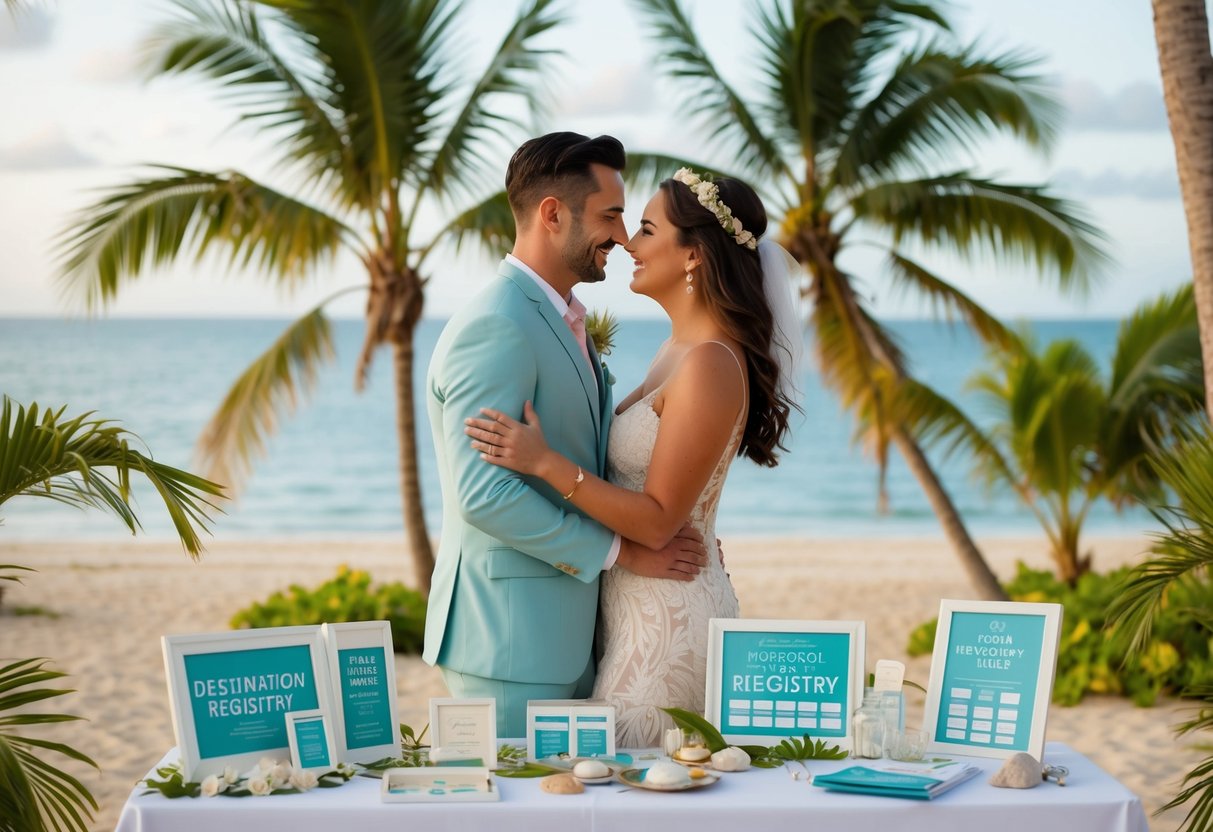 A couple surrounded by tropical scenery, with a beach backdrop and a table displaying a variety of registry items for a destination wedding