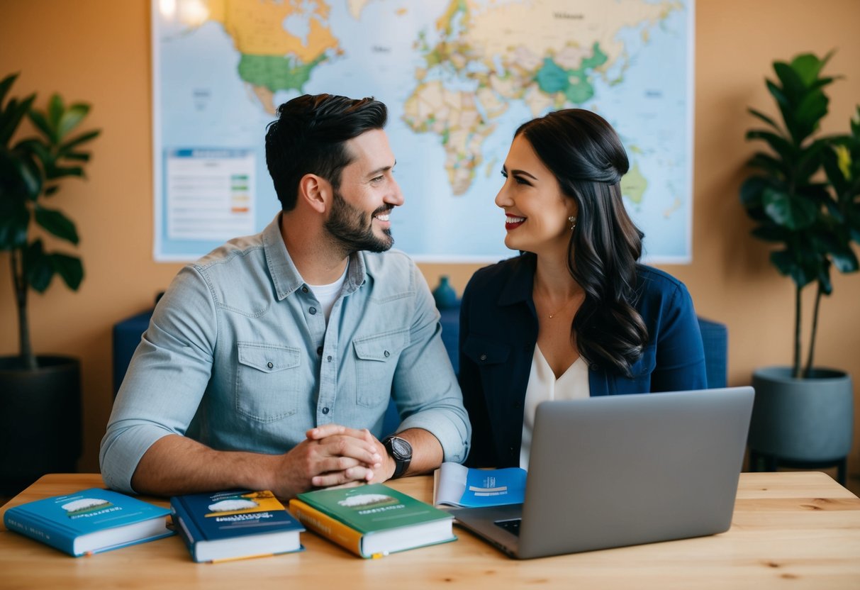 A couple sitting at a table with a map, guidebooks, and a laptop, discussing what to include on their destination wedding registry