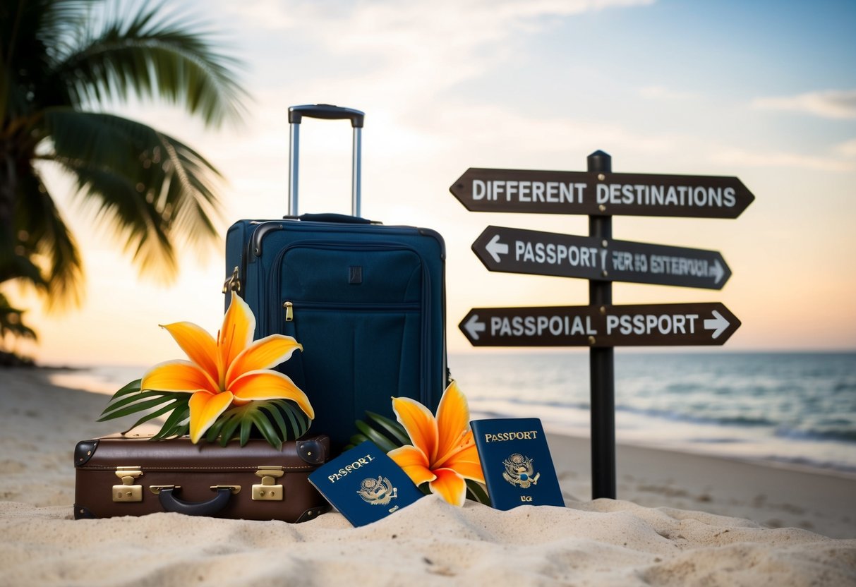 A beach with a suitcase, passport, and tropical flowers next to a signpost pointing to different destinations