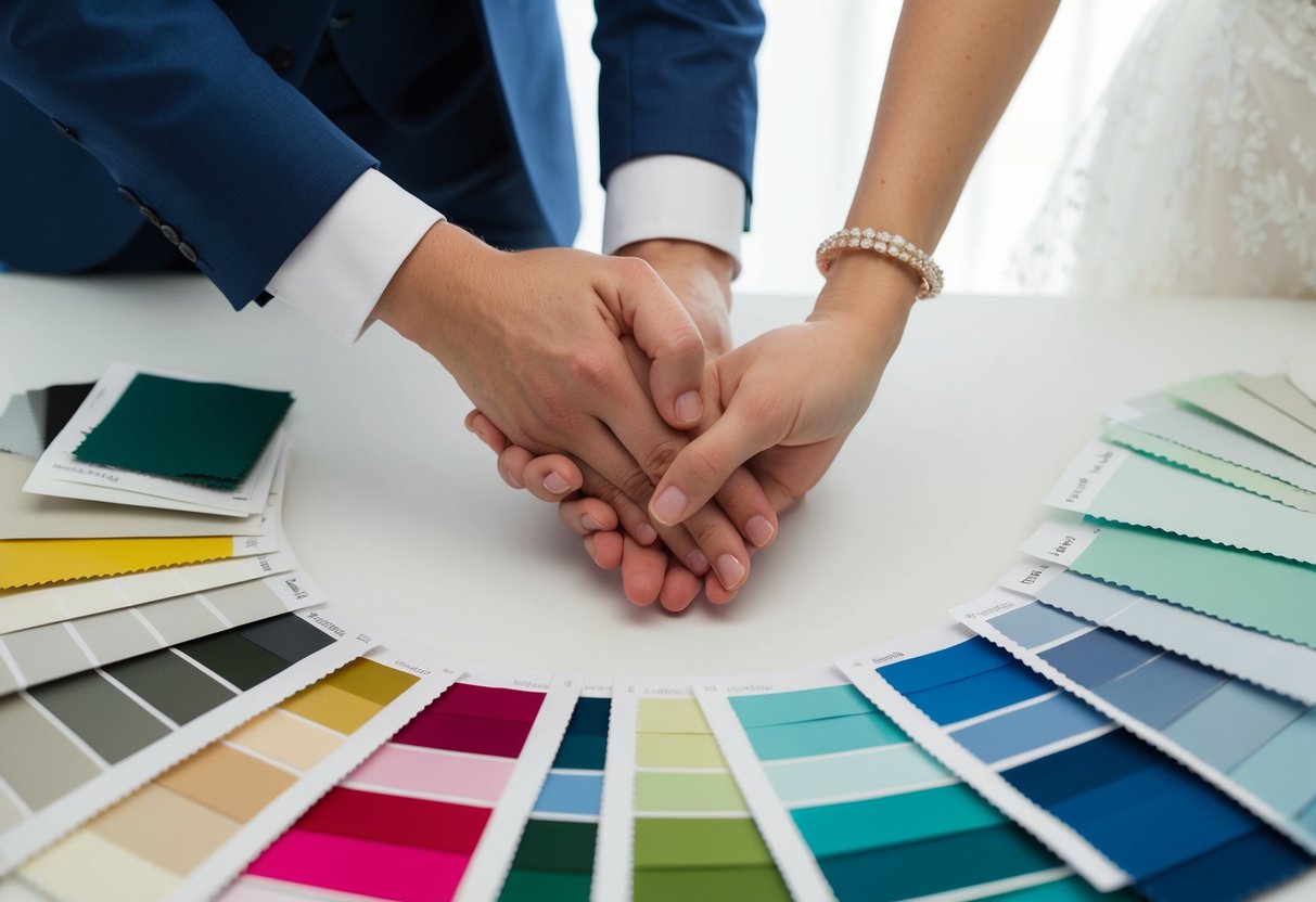 A bride and groom holding hands surrounded by a variety of color swatches and fabric samples, carefully selecting their wedding colors