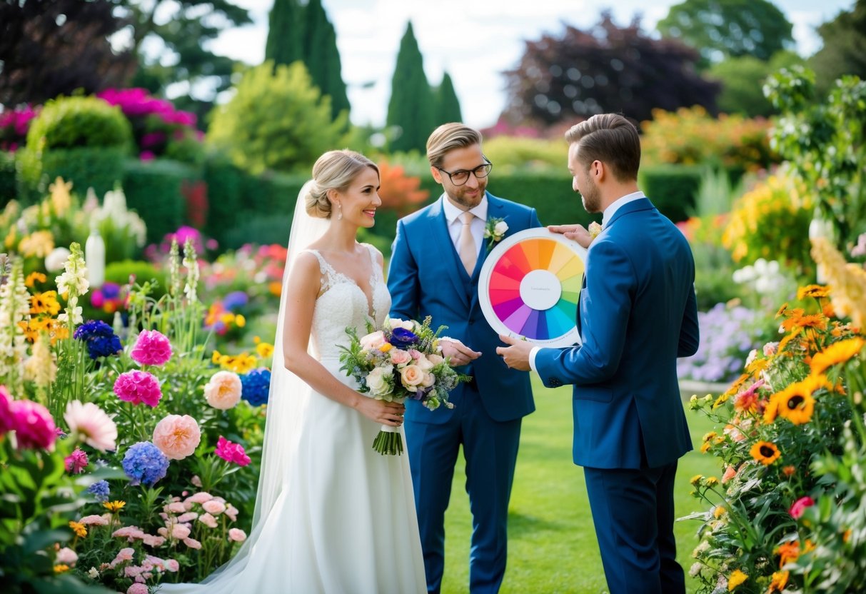 A bride and groom stand in a garden surrounded by vibrant flowers, discussing color swatches and decor options. The bride holds a bouquet while the groom points to a color wheel