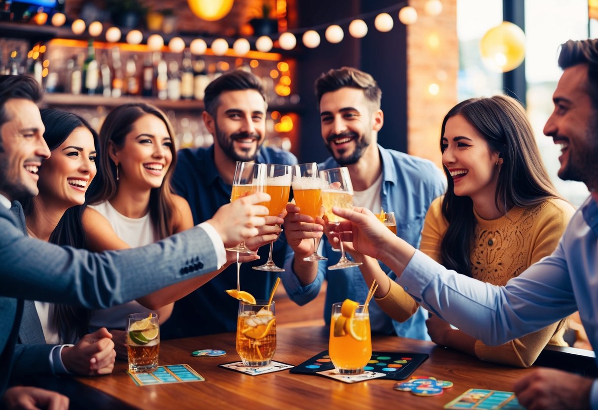 A group of friends celebrating with drinks and decorations at a lively bar. Some are toasting and laughing, while others are playing games and enjoying the atmosphere