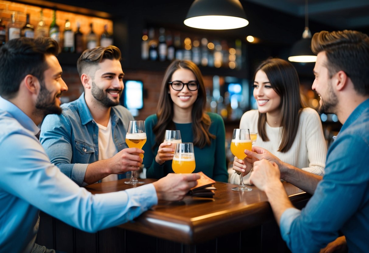 A group of friends at a bar, each holding a drink and chatting, with one person reaching for their wallet to pay