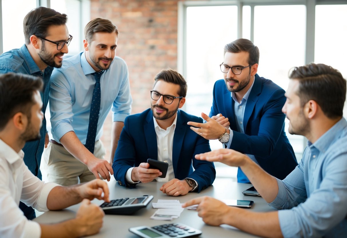 A group of men gather around a table, discussing expenses for a bachelor party. One man holds a calculator, while others gesture and talk animatedly