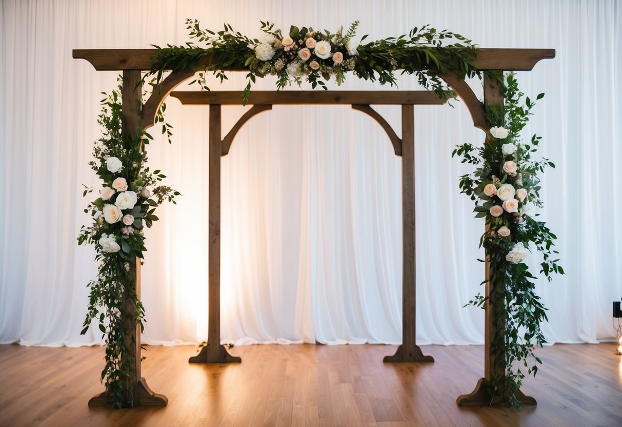 A wooden arch adorned with flowers and greenery stands against a white backdrop, with soft lighting casting a warm glow